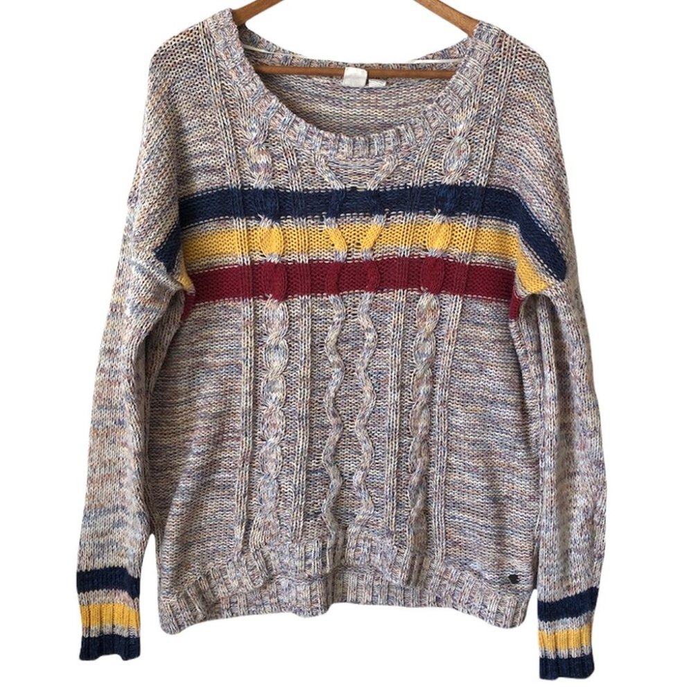 Roxy Blue Yellow Red Fisherman Cable Knit Sweater Size Small Striped - Picture 2 of 12